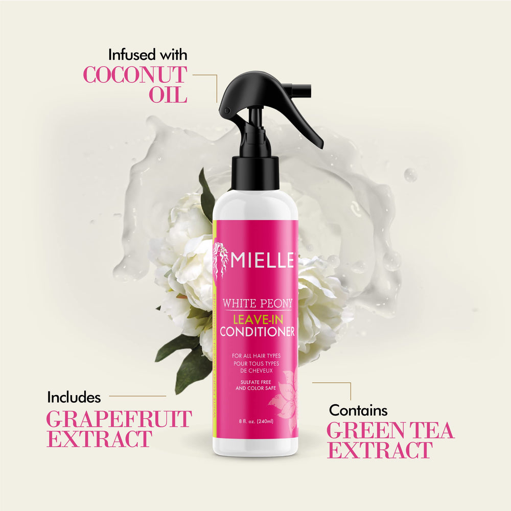 Mielle Organics White Peony Spray: hidratación profunda para cabello suave y manejable.