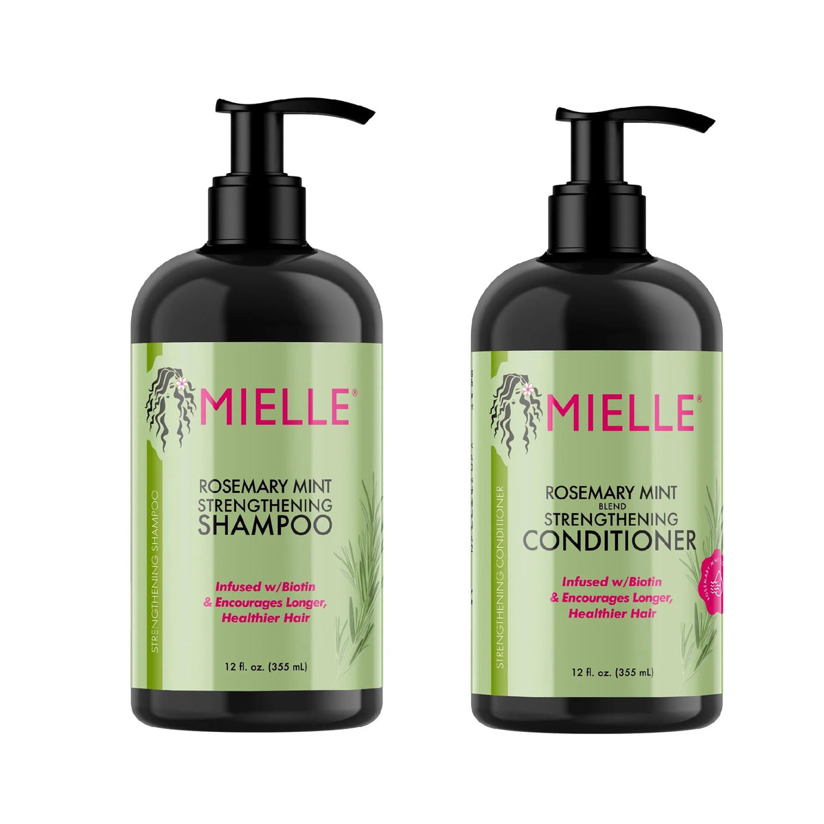 Shampoo Rosemary Mint de Mielle en botella, fortalece cabello débil con biotina.