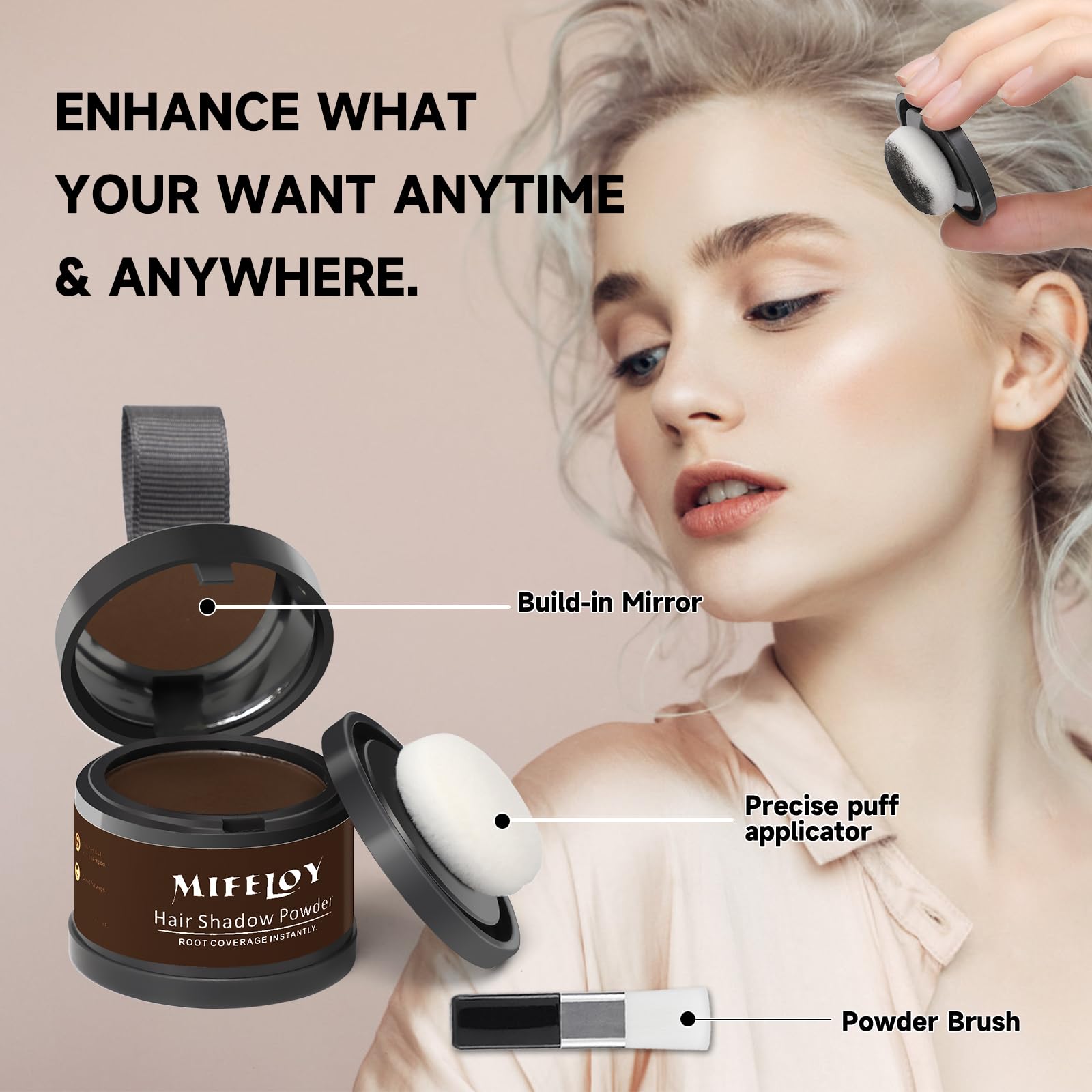 Mifeloy dark brown powder jar close-up for quick, natural gray coverage