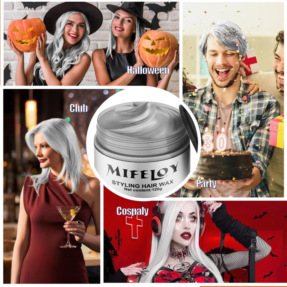 Mifeloy hair color wax in action creates bold temporary silver-white looks.