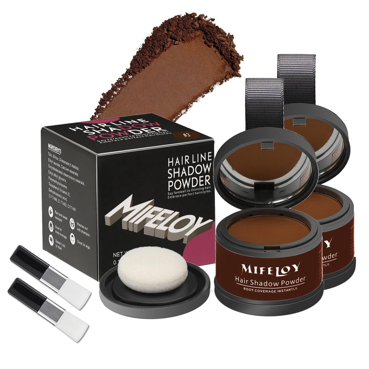 Mifeloy root touch-up powder packaging shown in a travel kit for on-the-go use