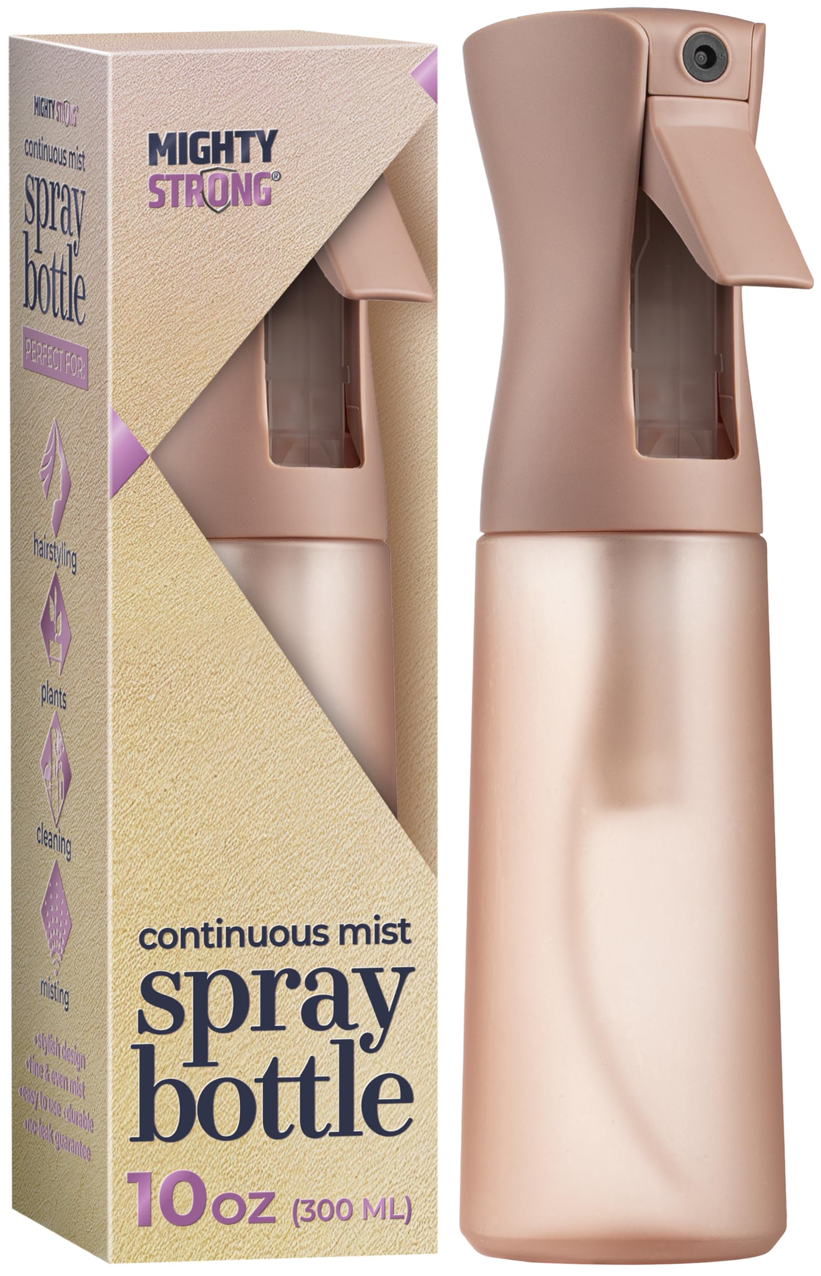 MIGHTY STRONG 10 oz continuous spray bottle for smooth, even hair styling.