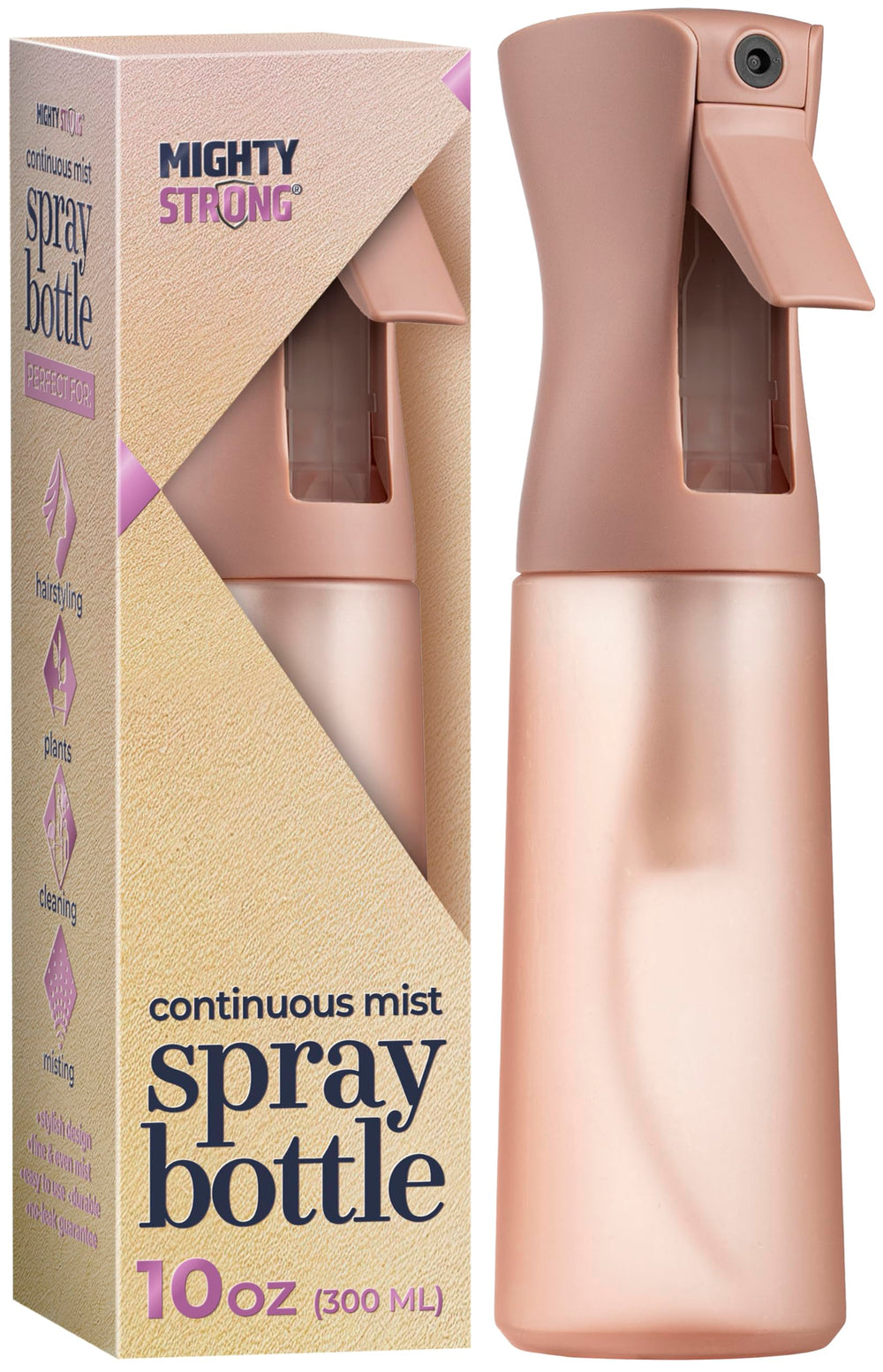 MIGHTY STRONG 10 oz continuous spray bottle for smooth, even hair styling.
