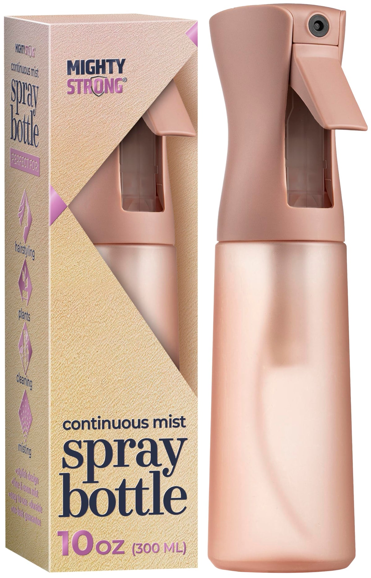MIGHTY STRONG 10 oz continuous spray bottle for smooth, even hair styling.