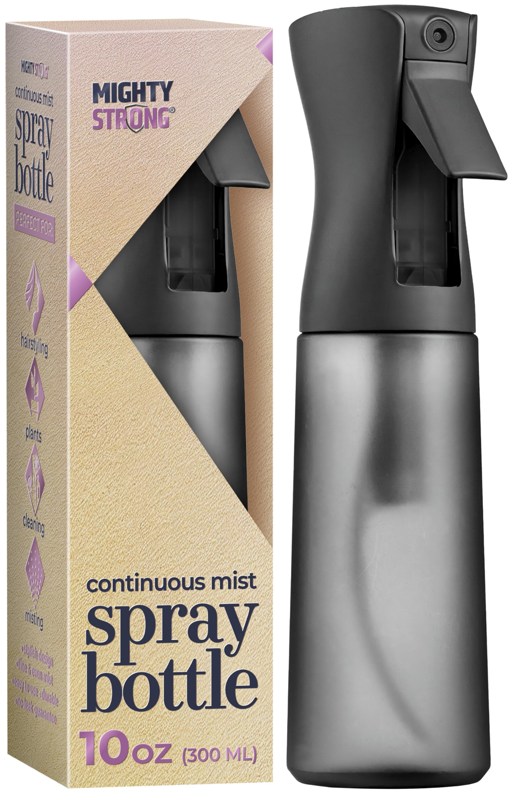 MIGHTY STRONG 10 OZ spray bottle for hair delivers a fine mist for even styling.