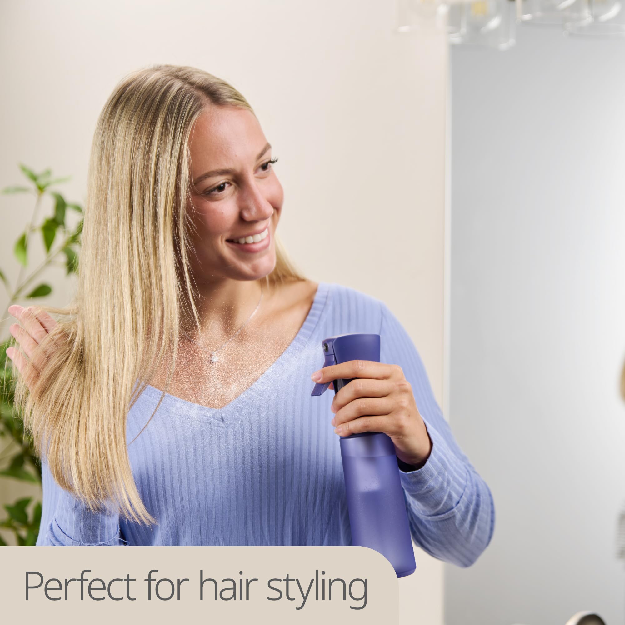 MIGHTY STRONG water spray bottle for hair refreshes styles without oversaturation.