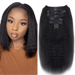 Mihugass kinky straight clip-in extensions close-up for natural blend and soft texture.