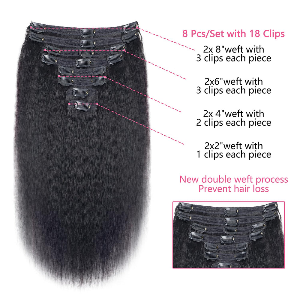 Mihugass kinky straight clip-in extensions eight pieces laid out for versatile styling.