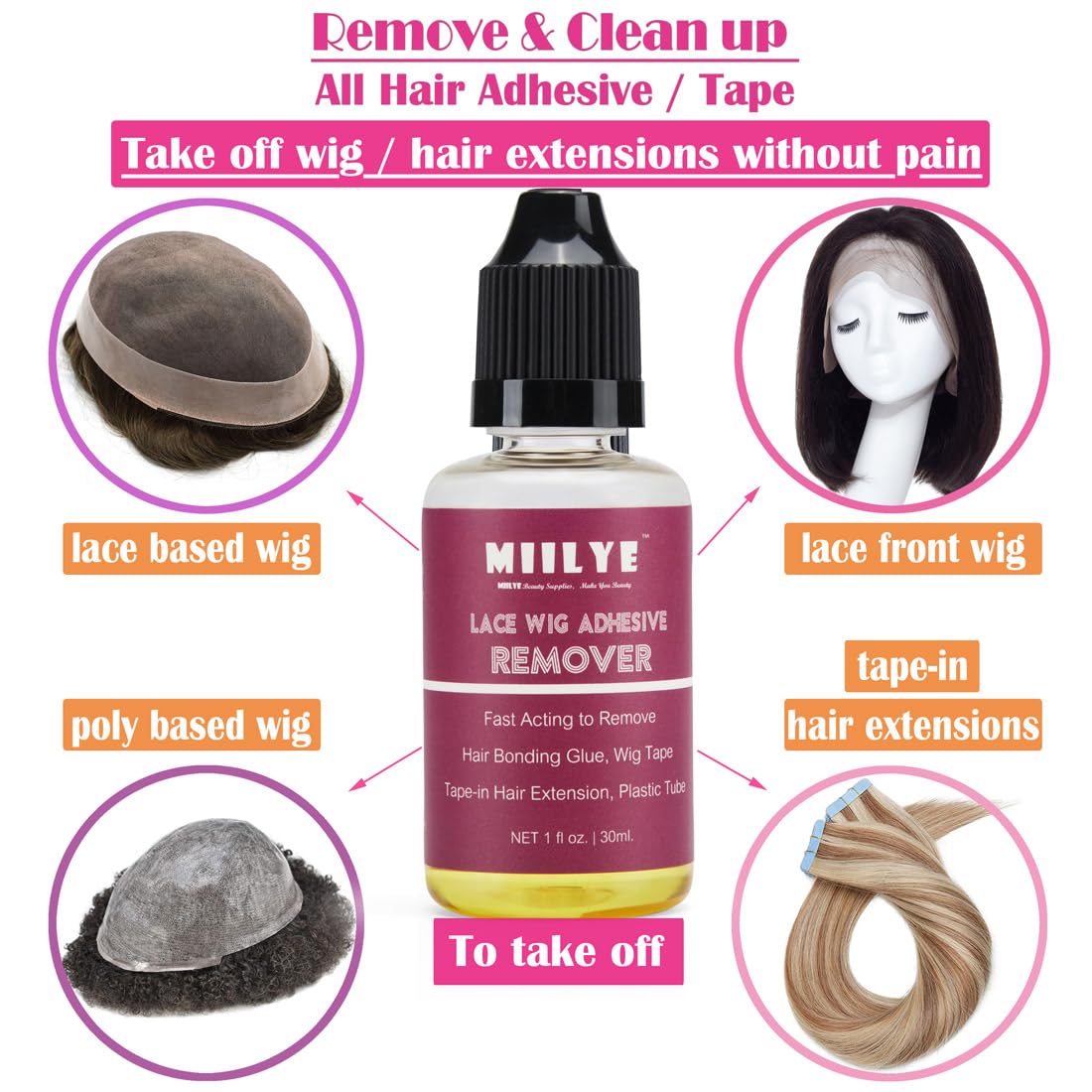 MIILYE remover applied to hair extension bond for gentle detachment.