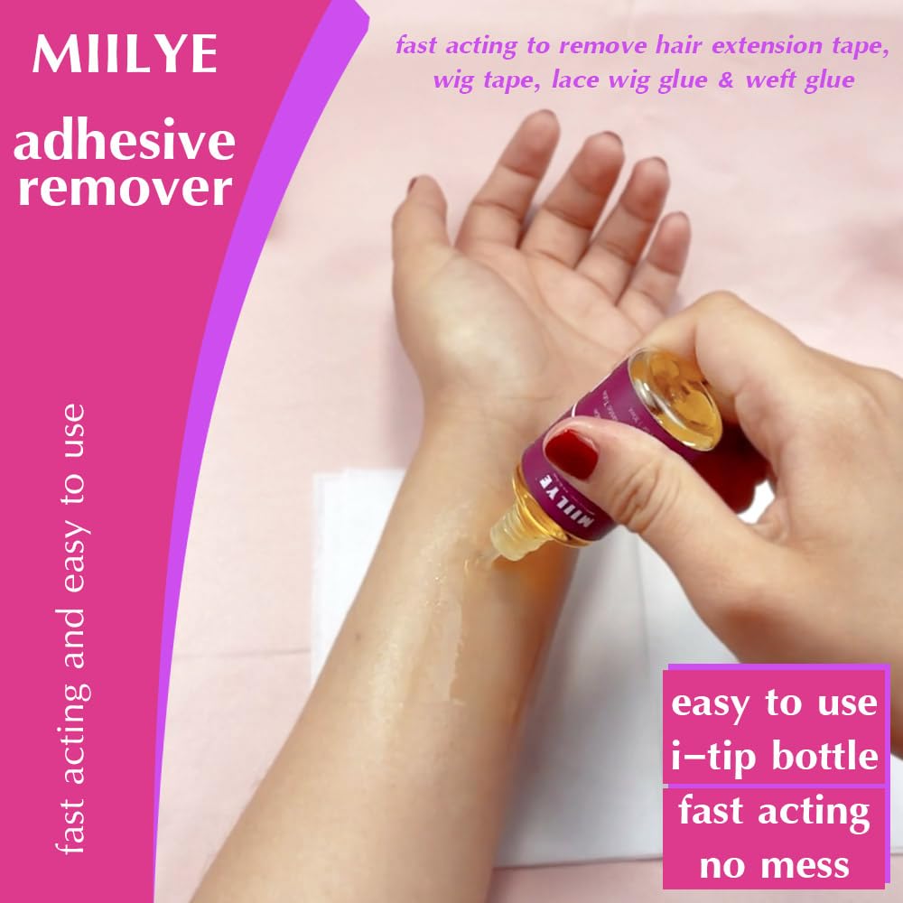 MIILYE Tape Remover bottle demonstrates quick-release for tape-in extensions.