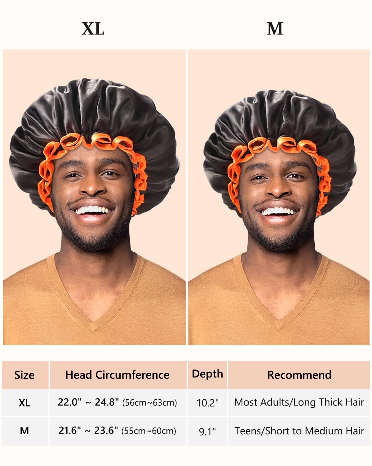 Gorro de ducha mikimini negro con borde naranja vibrante y ajuste cómodo