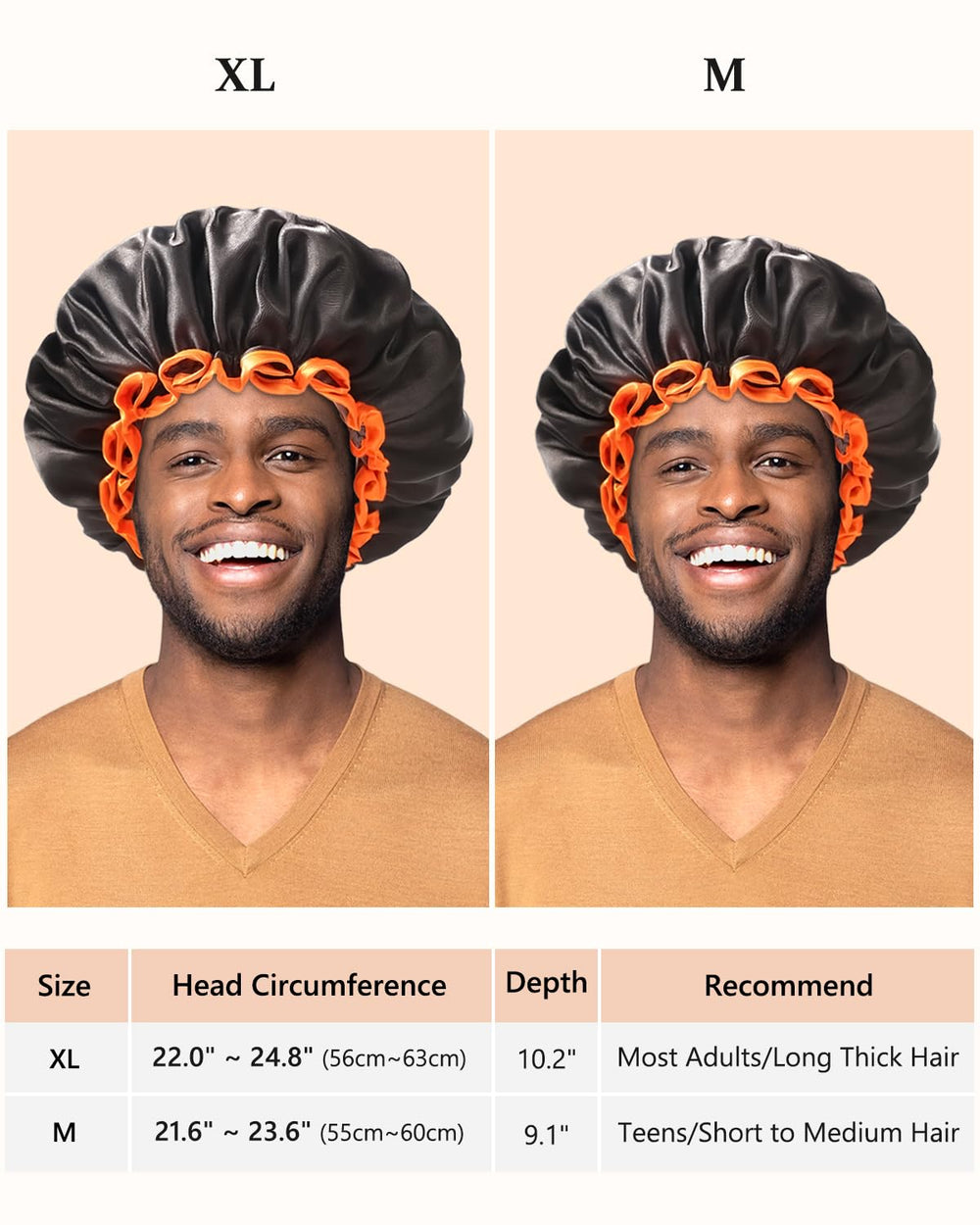 Gorro de ducha mikimini negro con borde naranja vibrante y ajuste cómodo