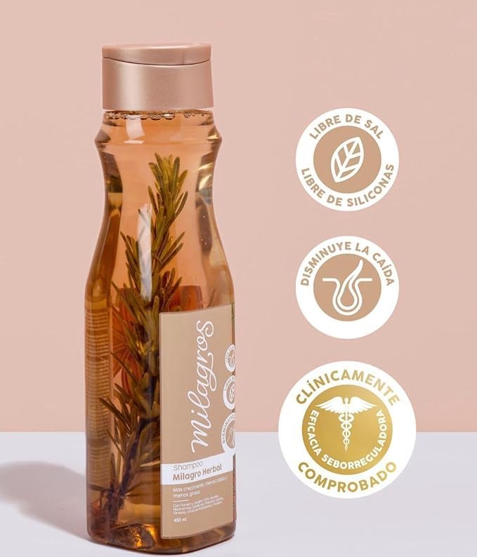 Milagros Herbal Conditioner ingredients collage highlights nourishing extracts.