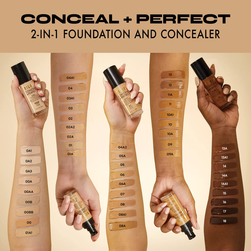 Amplia variedad de 45 tonos de Milani Conceal + Perfect para igualar la piel.