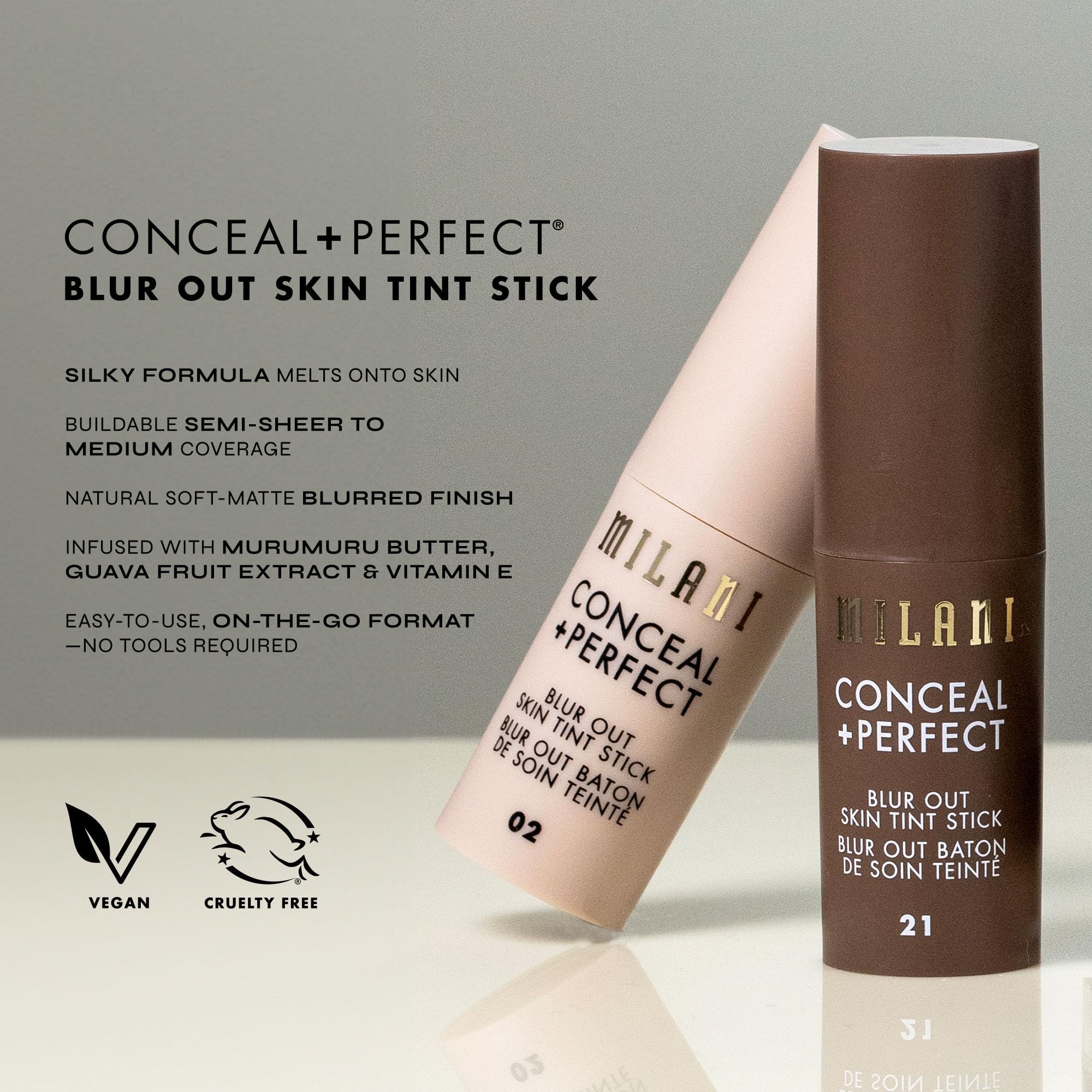 Milani Conceal + Perfect Stick, difumina imperfecciones para un acabado natural.