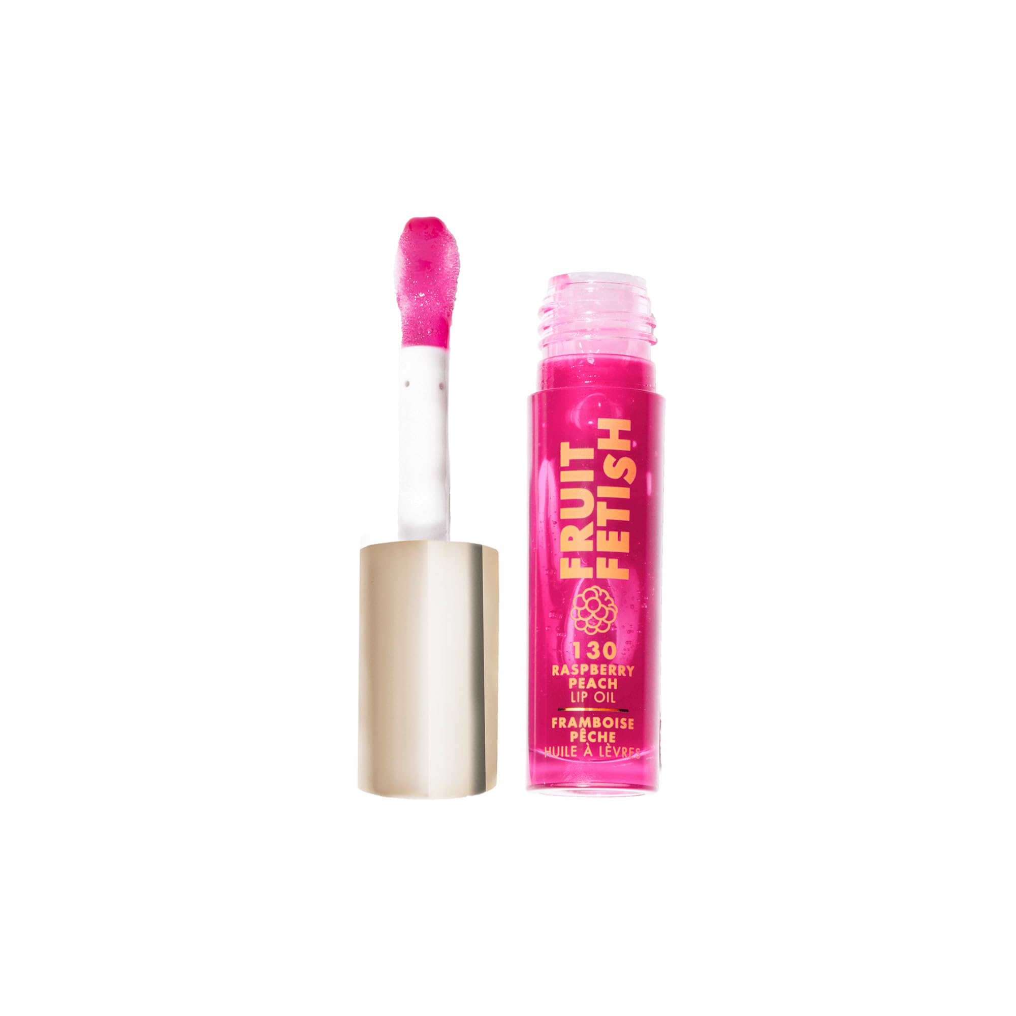 Milani Fruit Fetish Lip Oil, botella-frambuesa-durazno con brillo hidratante.
