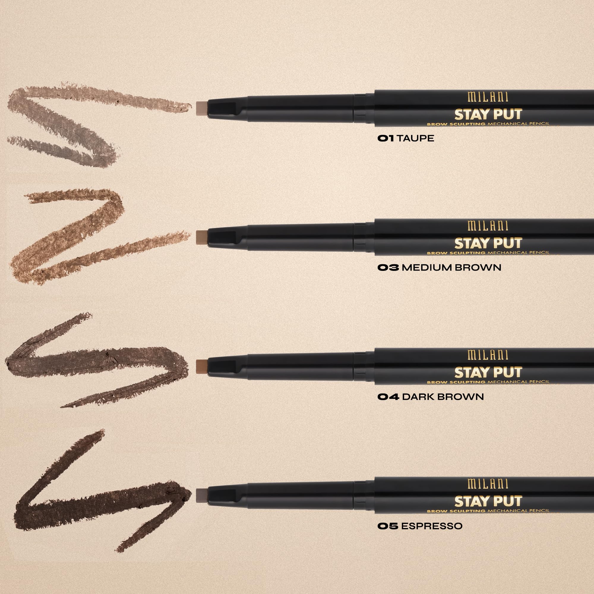 Milani lápiz cejas definición precisa en acabado natural.