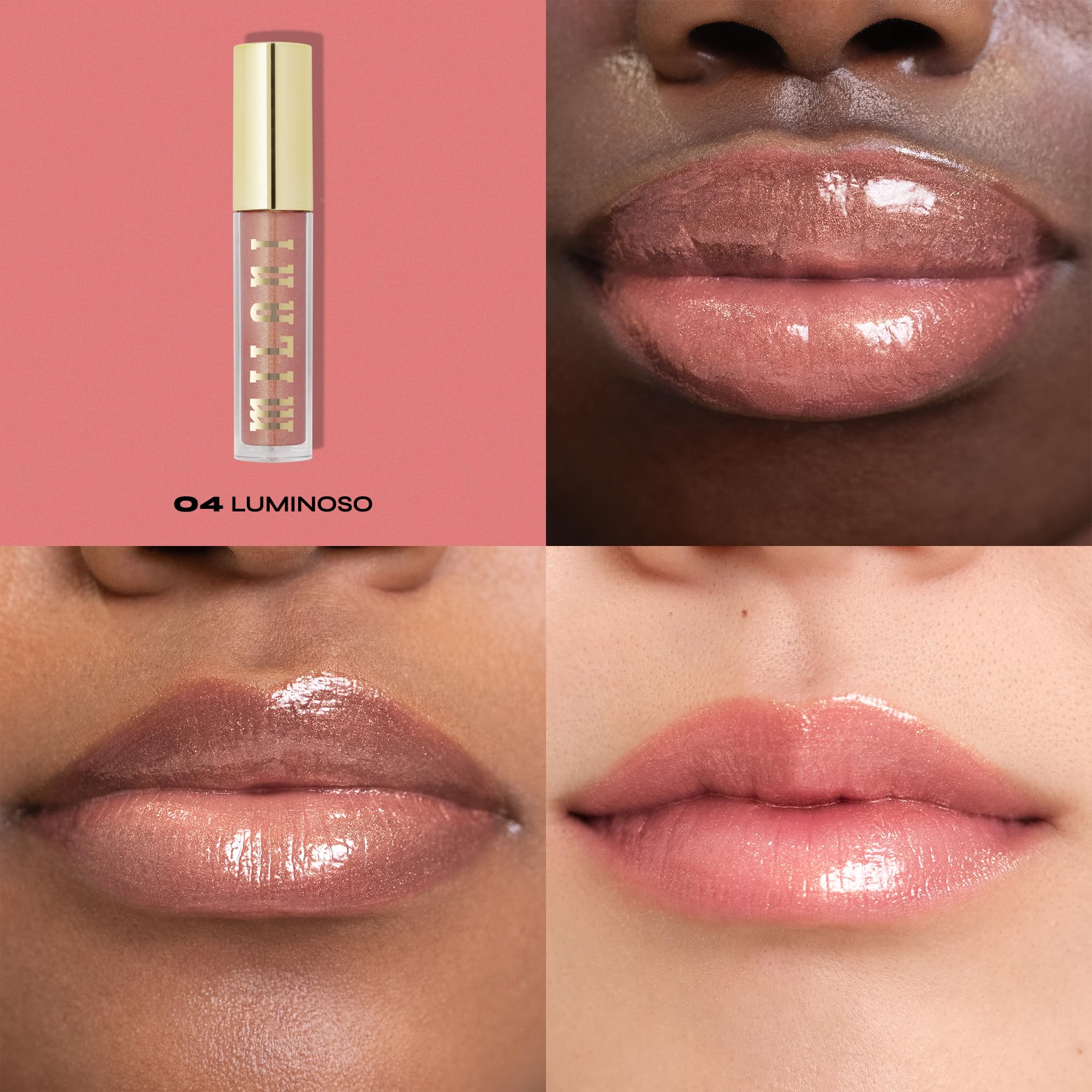 Milani Lip Gloss en 16 tonos para elegir colores neutros y rosados.