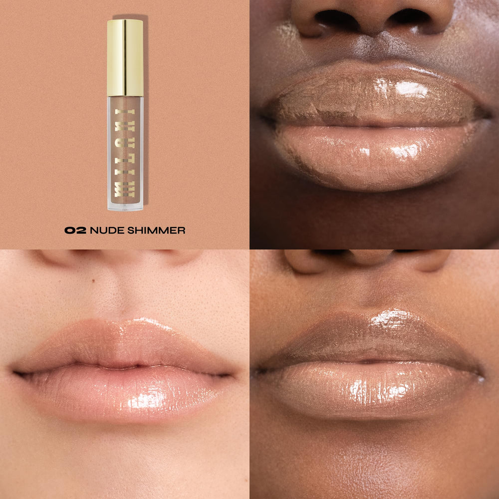 Milani Lip Gloss Keep It Full cerca de la botella para ver el tono Nude Shimmer.