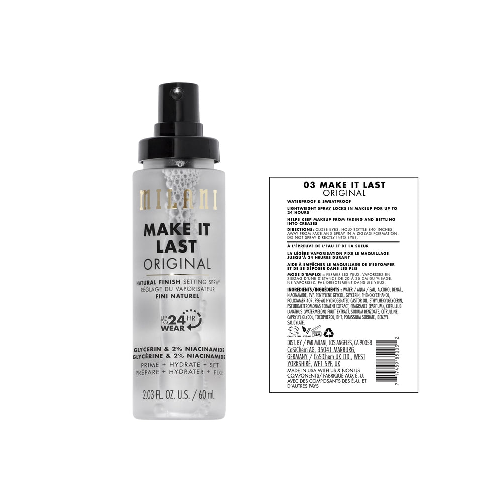 Milani Make It Last Dewy bottle mist delivering radiant glow and hydration