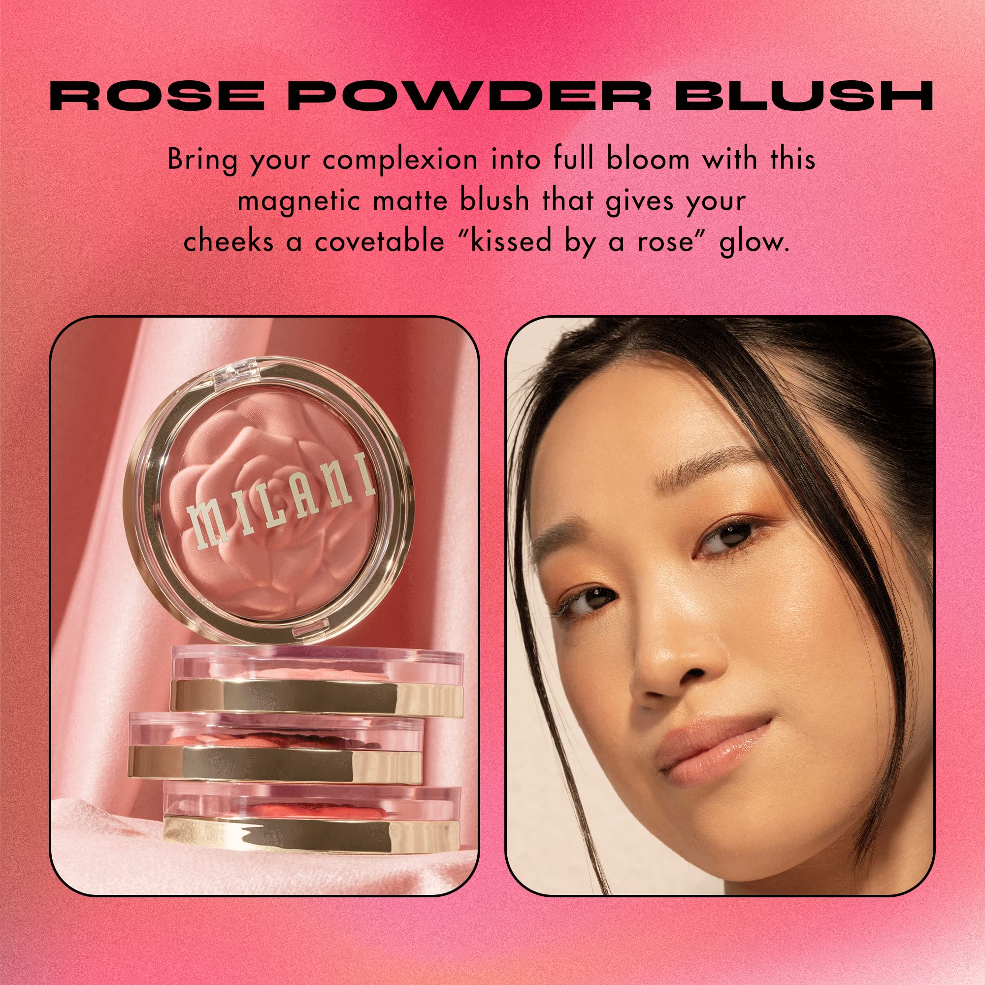 Milani Rose Blush acabado mate duradero para piel radiante.