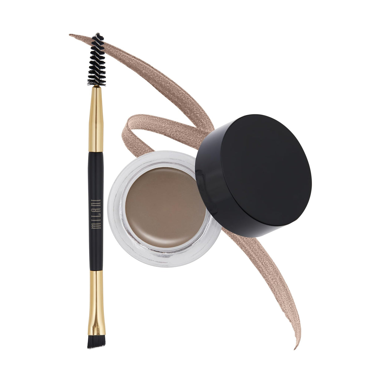 Milani Stay Put Brow Color in Medium Brown tube closeup showing rich pigment