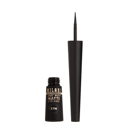 Milani Stay Put Matte Liquid Eyeliner on eye during application for precise control.