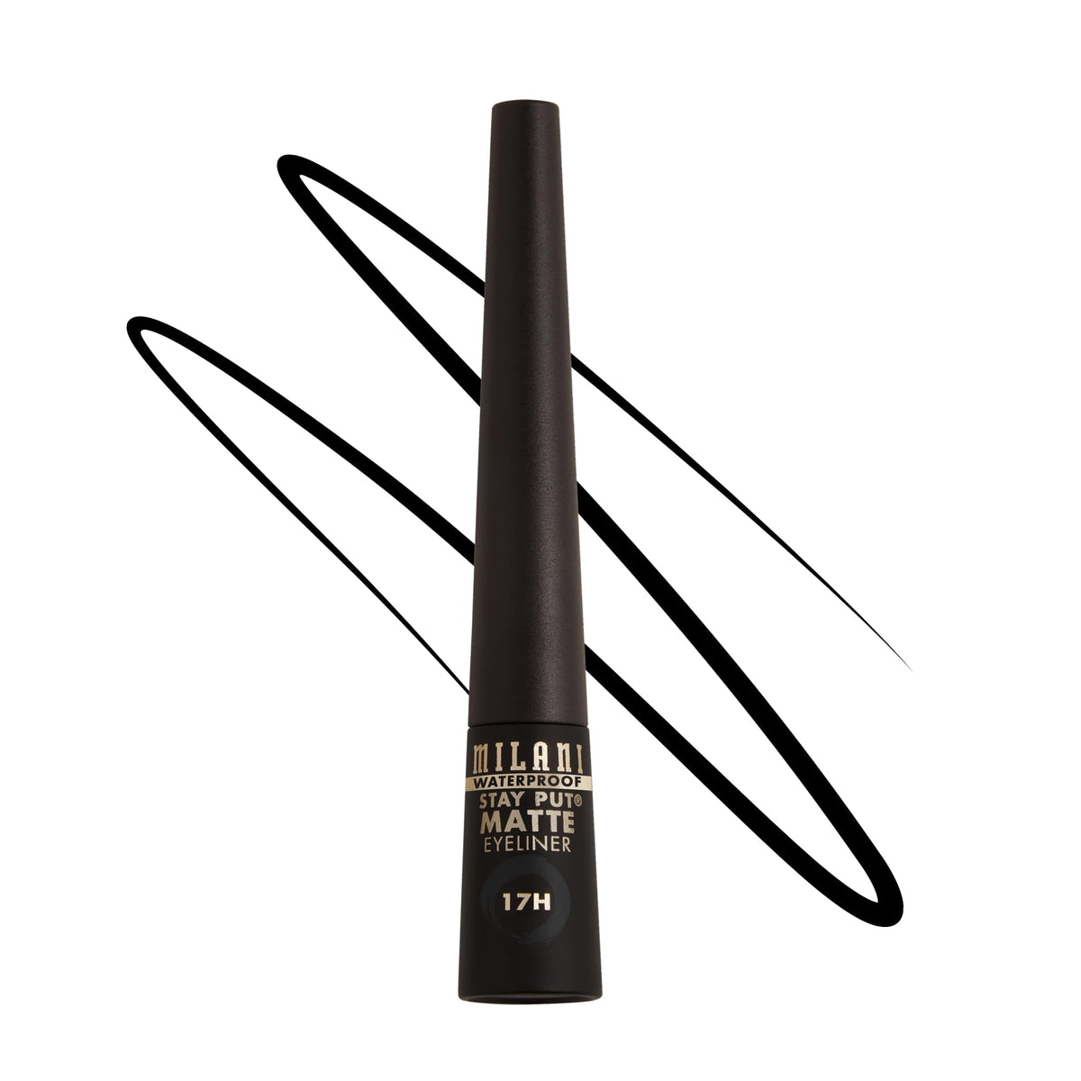 Milani Stay Put Matte Liquid Eyeliner in black — close-up shows crisp, long-lasting line.