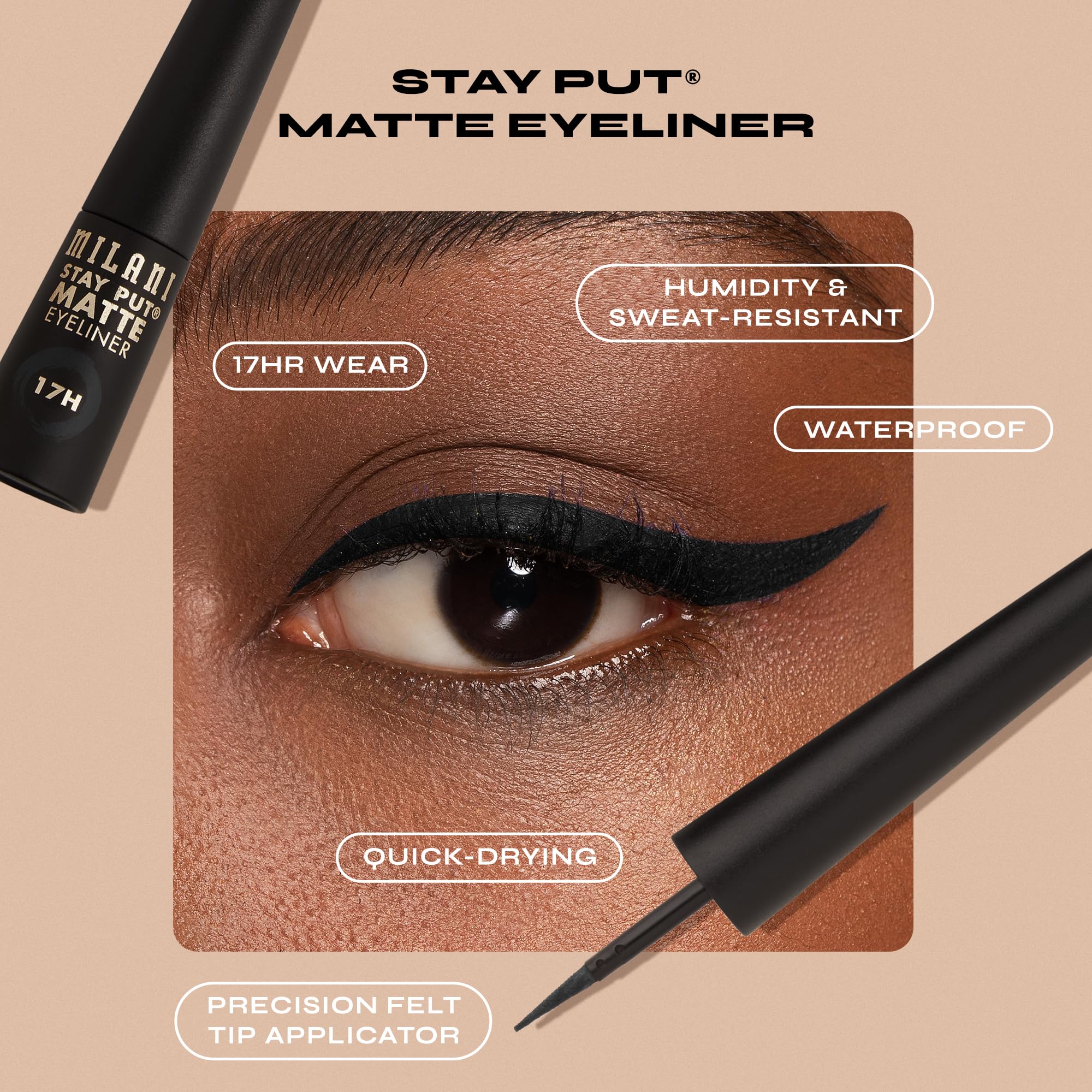 Milani Stay Put Matte Liquid Eyeliner precision tip for tight, accurate lines.