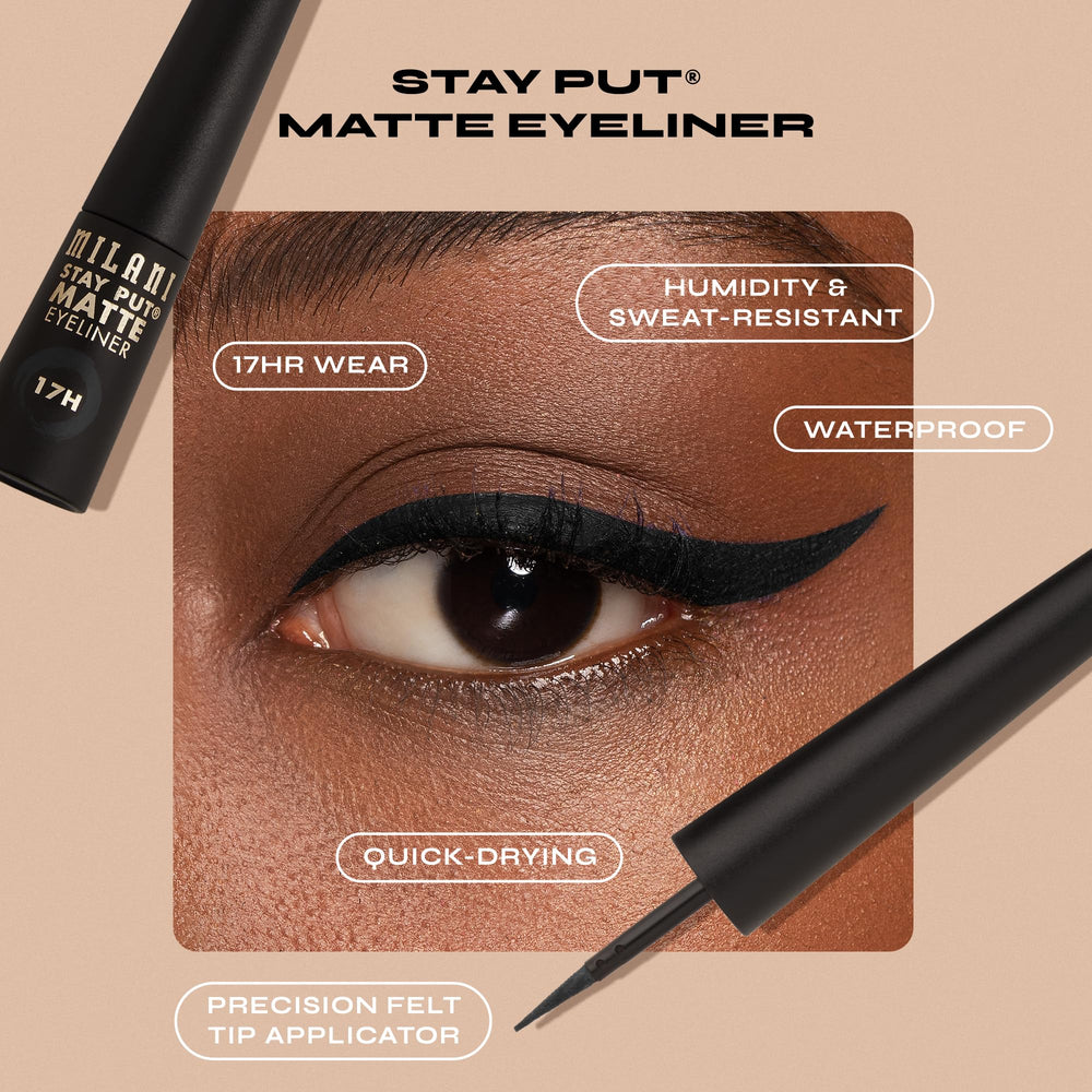 Milani Stay Put Matte Liquid Eyeliner precision tip for tight, accurate lines.