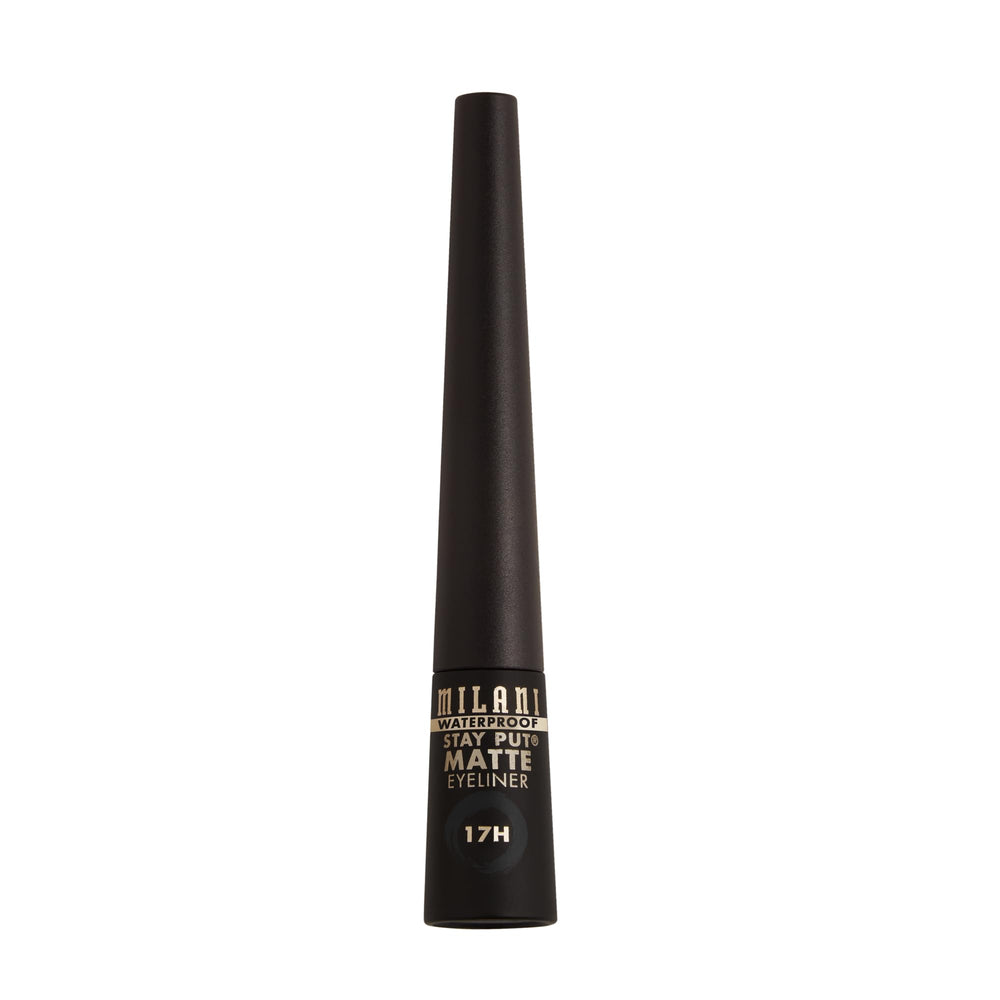 Milani Stay Put Matte Liquid Eyeliner demonstrates smudge-proof wear near lash line.