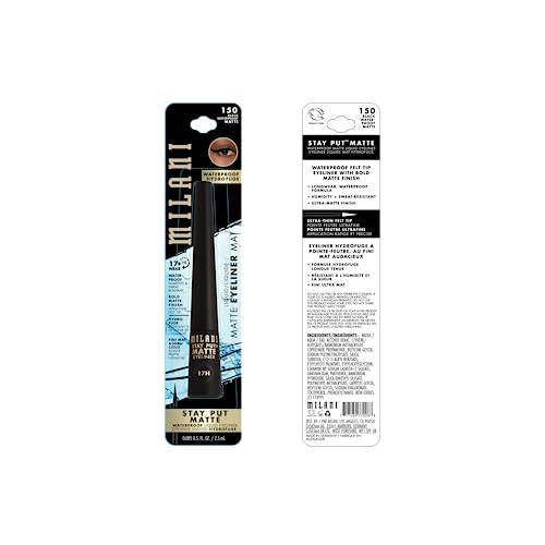 Milani Stay Put Matte Liquid Eyeliner black waterproof swatch showing lasting finish.
