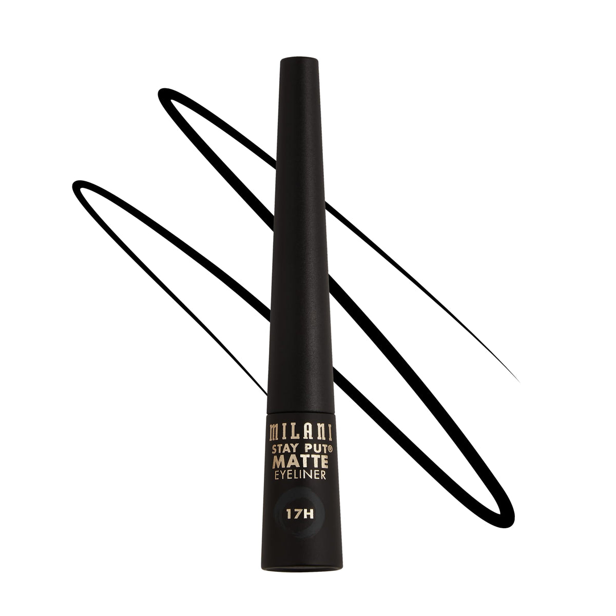 Milani Stay Put Matte Liquid Liner cap close-up shows bold matte pigment for precise definition.