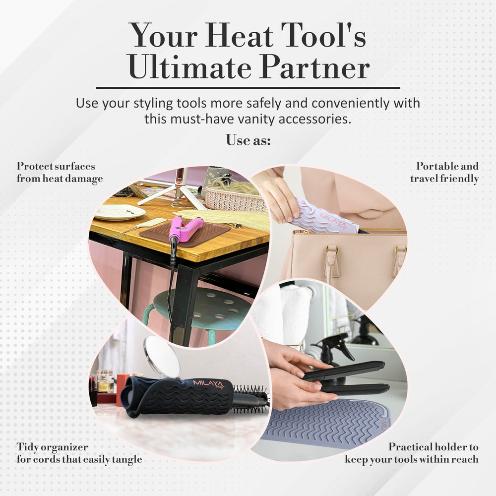 Large Milaya mat accommodates two styling tools during routine sessions.