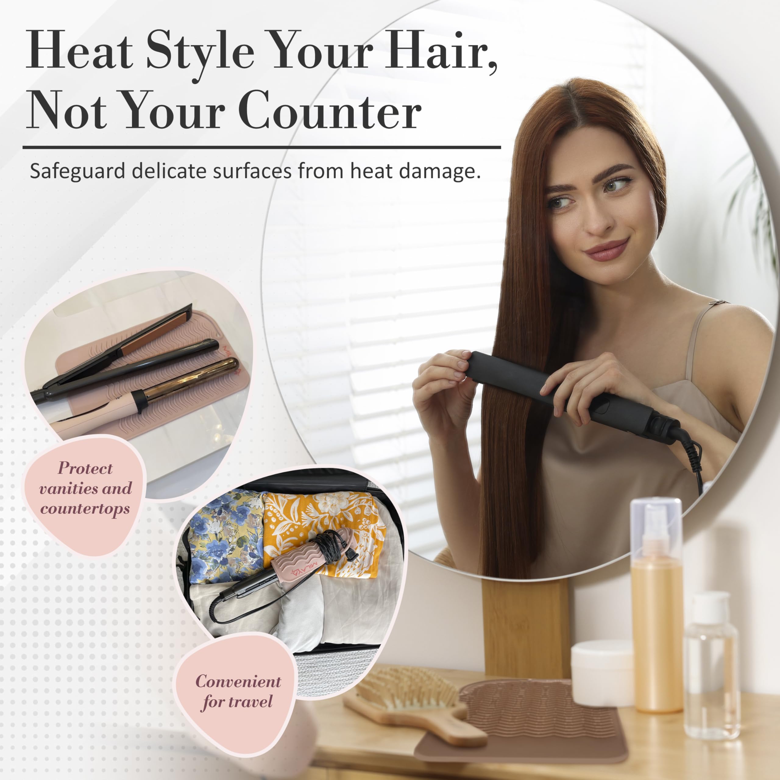 Milaya Beauty heat mat with curling iron showing heat protection for styling.