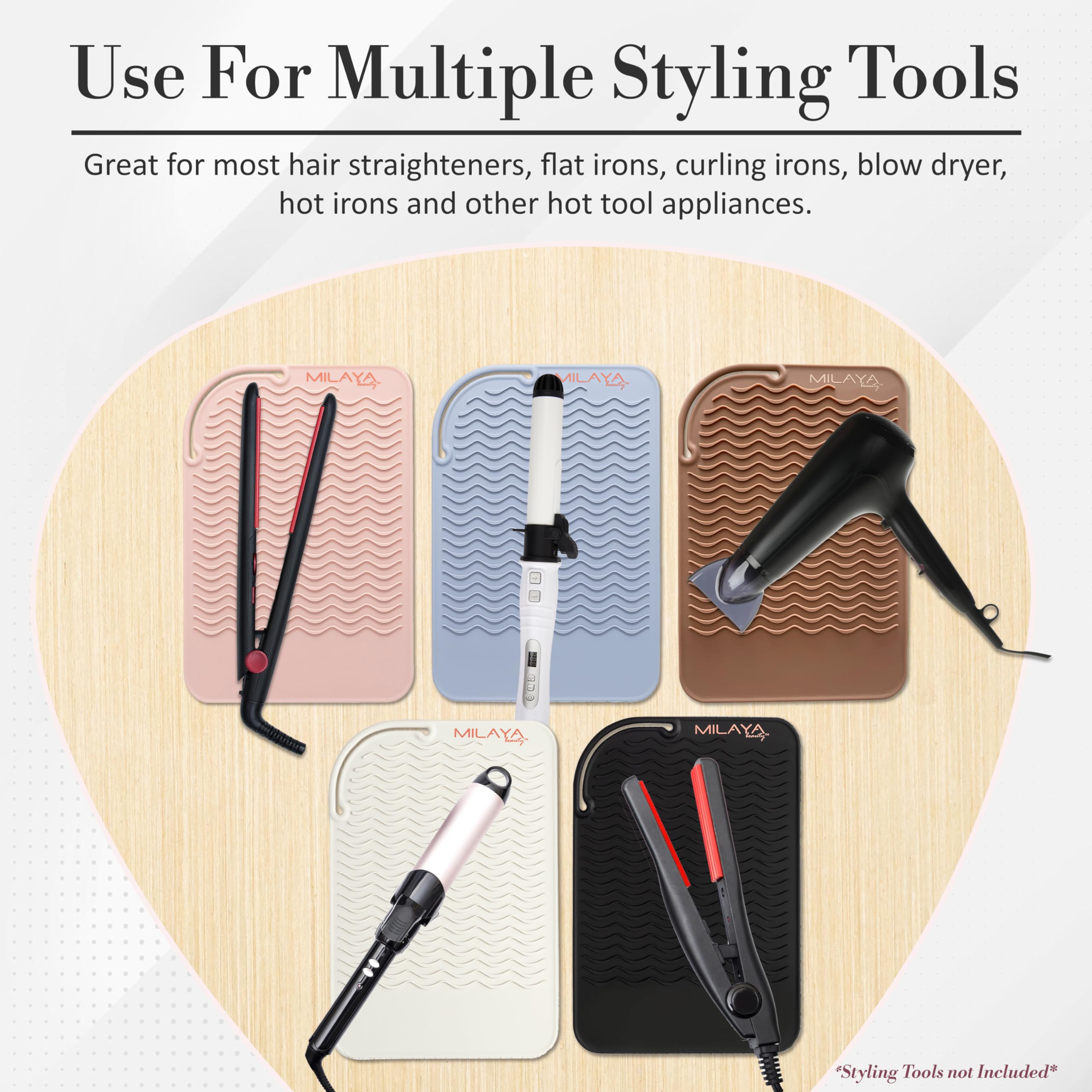 Non-slip Milaya Beauty mat keeps a straightener steady.