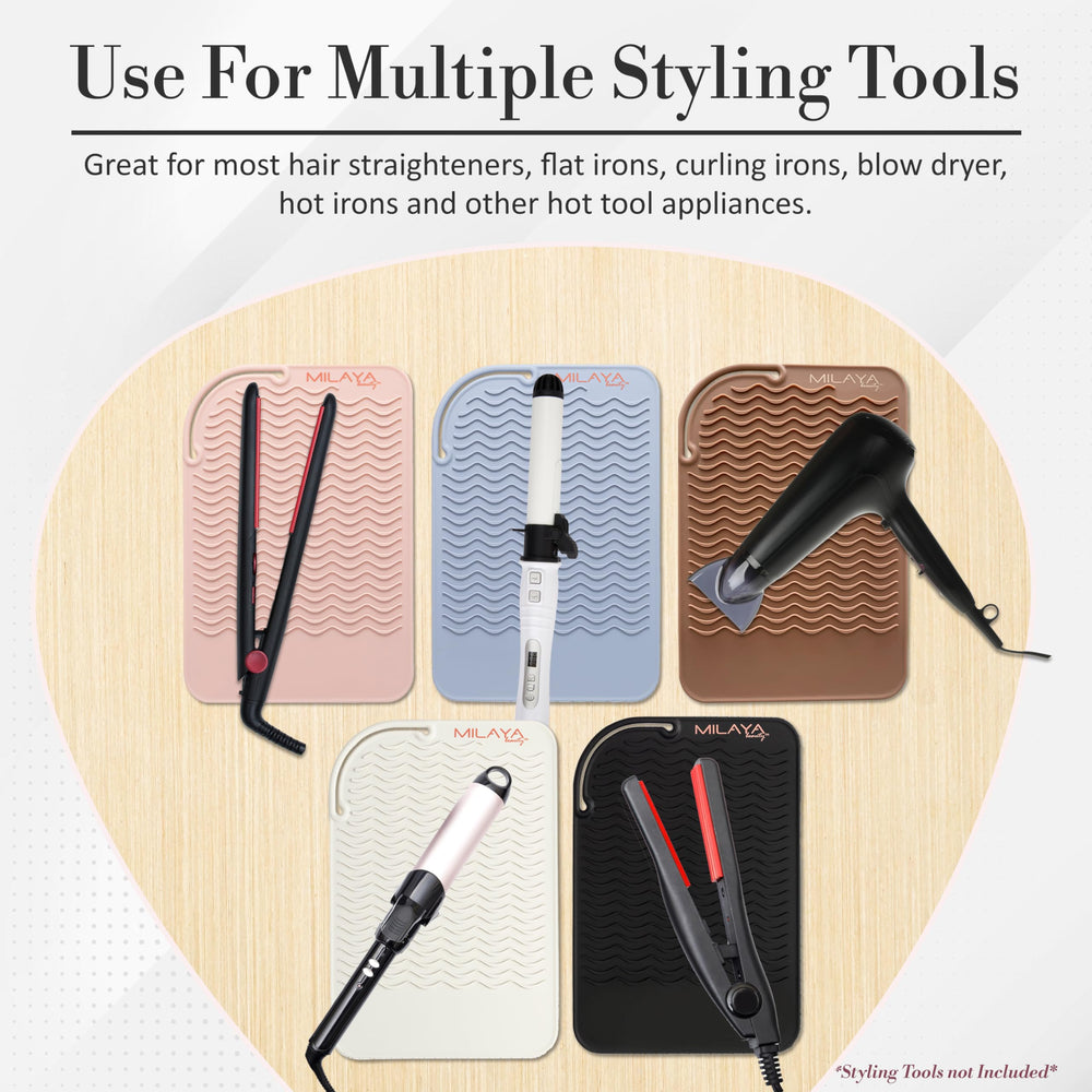 Non-slip Milaya Beauty mat keeps a straightener steady.
