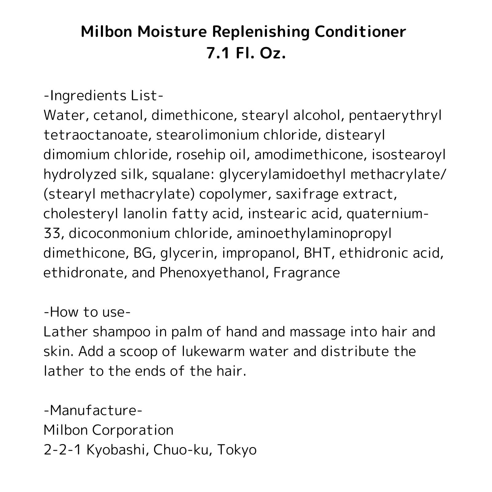 Milbon Moisture Replenishing Conditioner back-label view emphasizes Made in Japan quality.