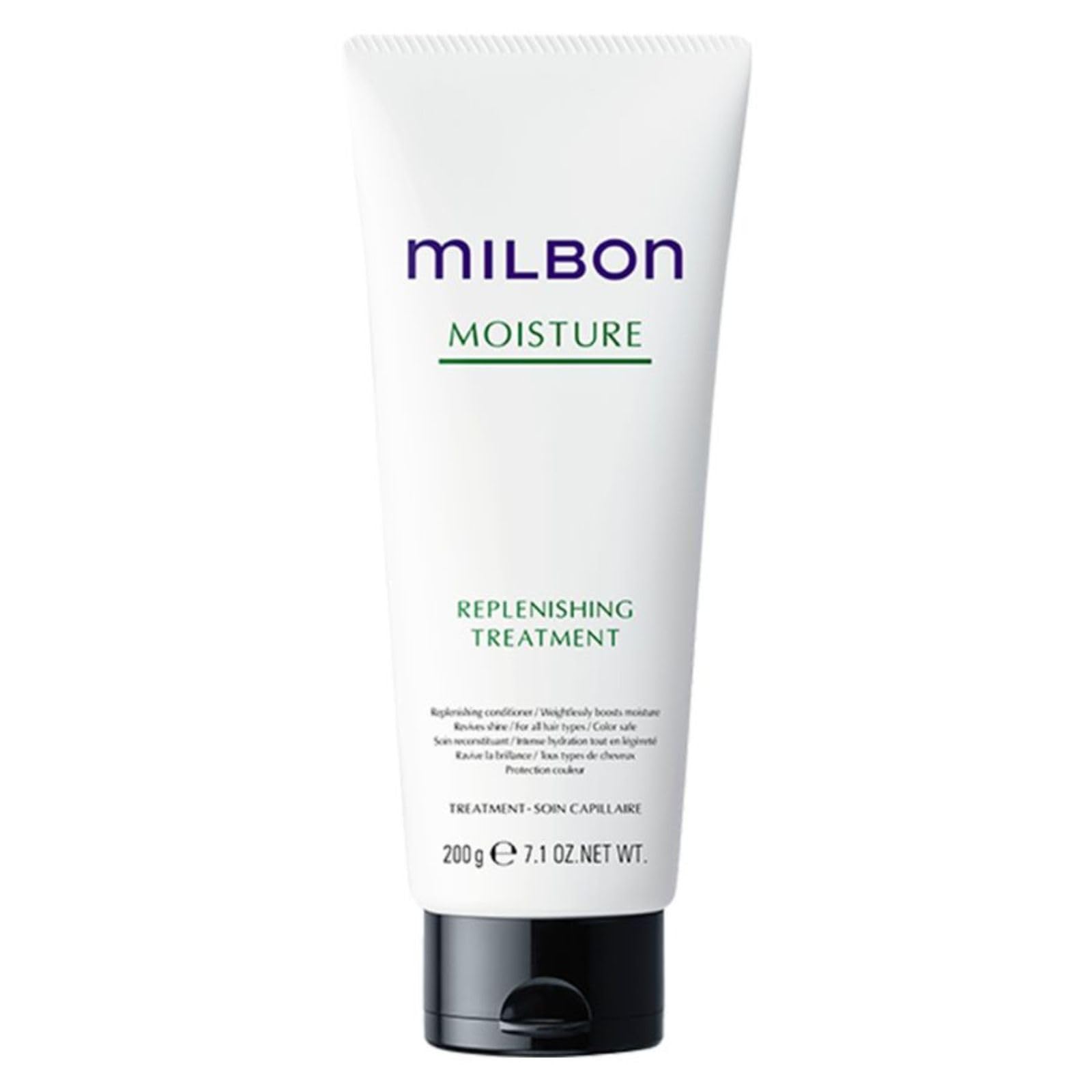 Milbon Moisture Replenishing Conditioner bottle pour shows hydration for dry hair.