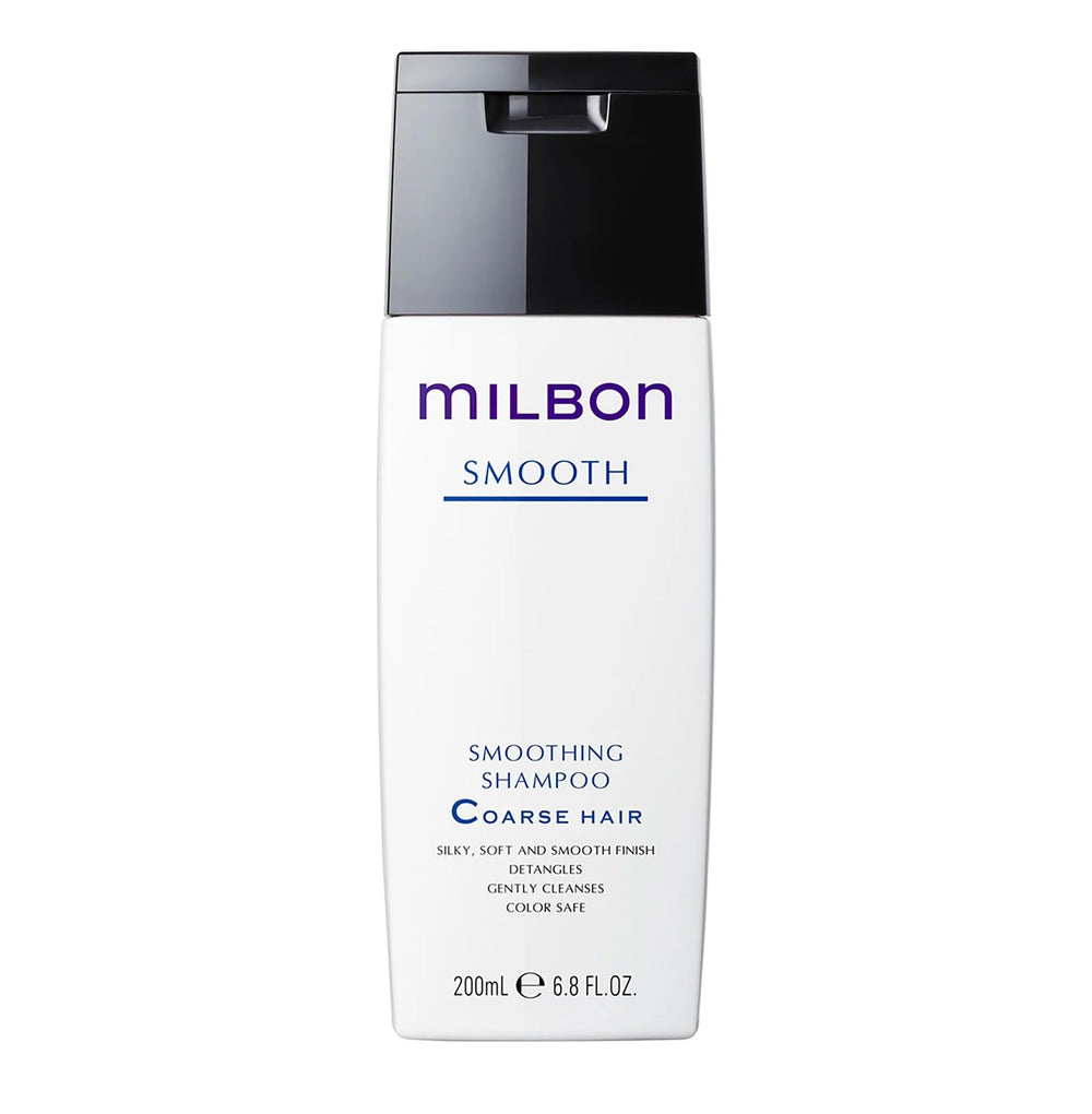 Milbon Smooth Smoothing Shampoo bottle for coarse hair delivering silky texture and easy detangling