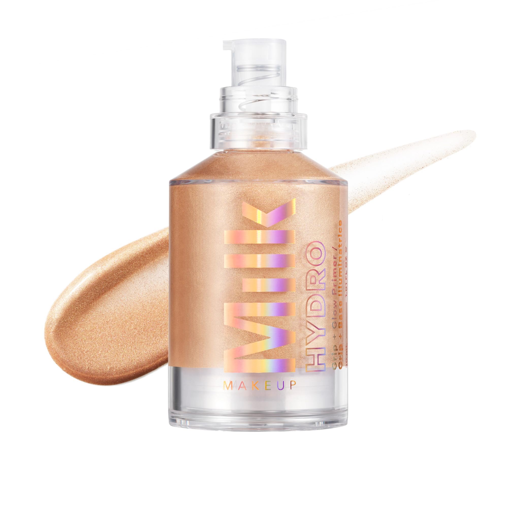 Milk Makeup Hydro Grip + Glow Primer shown with 12-hour hold for lasting wear.