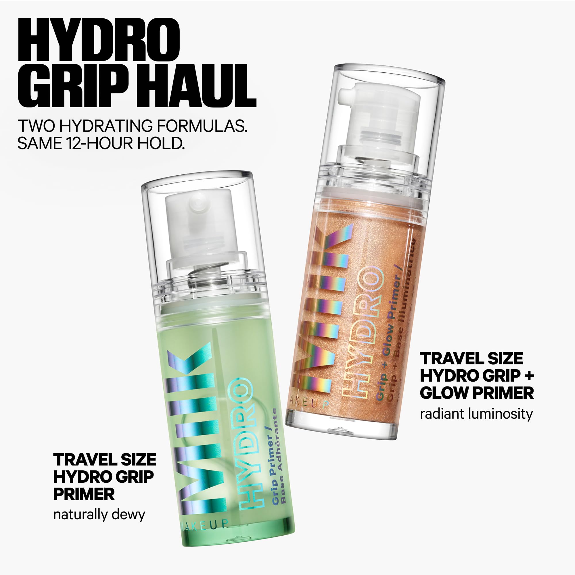 Milk Makeup Hydro Grip Primer bottle displaying glassy, dewy look for long wear.