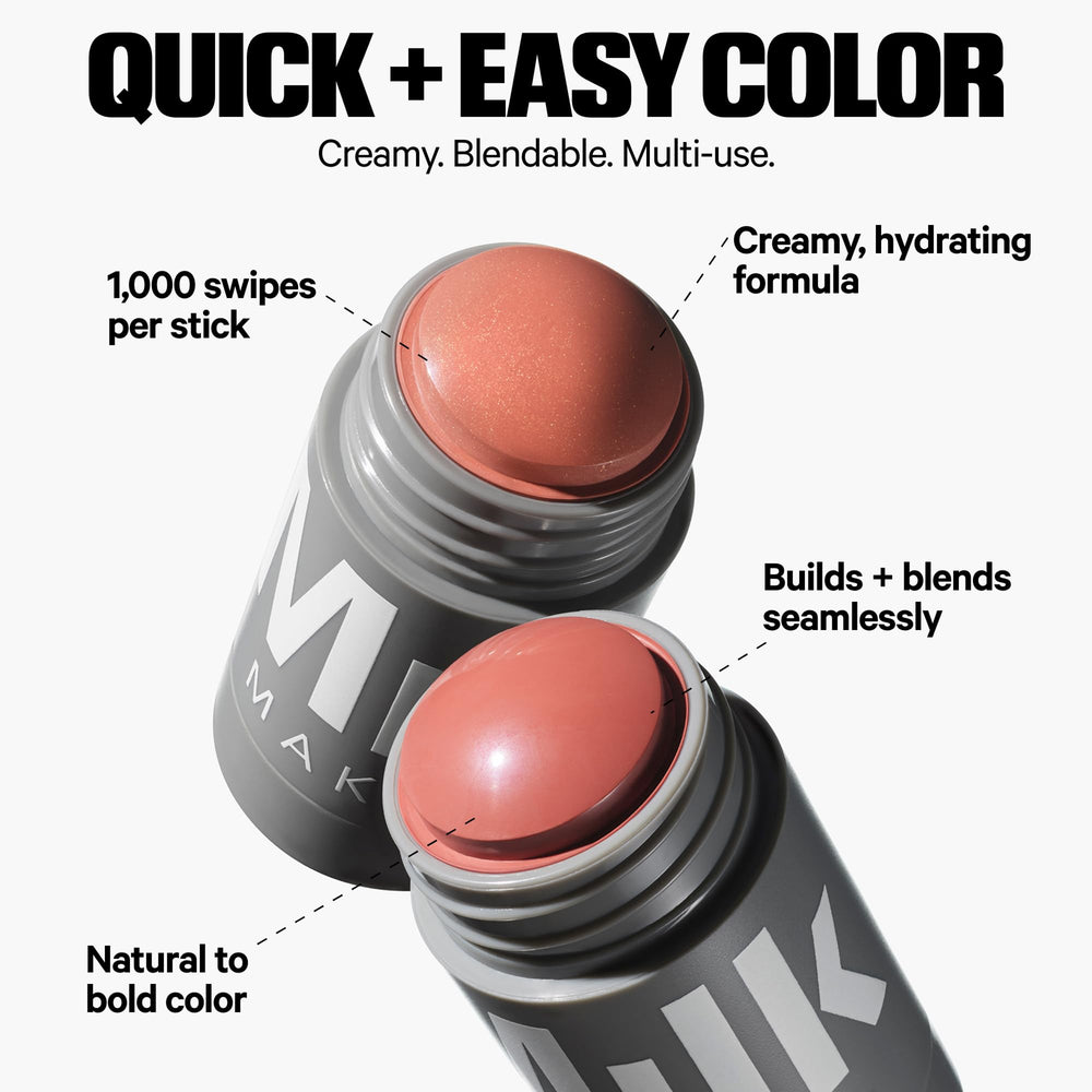 Milk Makeup Lip + Cheek Stick dusty-rose swatch on cheek and lip blending.