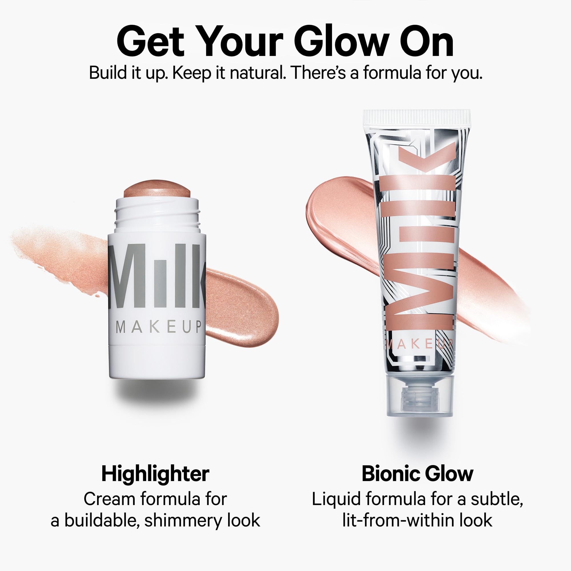 Milk Makeup Lit highlighter stick on arms for seamless glow.