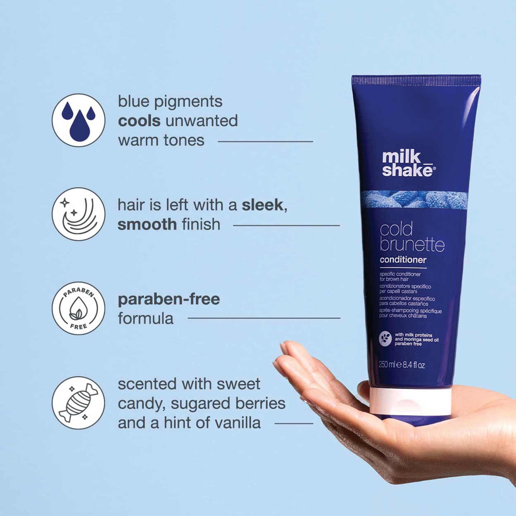 Close-up of blue pigment in milk_shake Cold Brunette conditioner neutralizing brass
