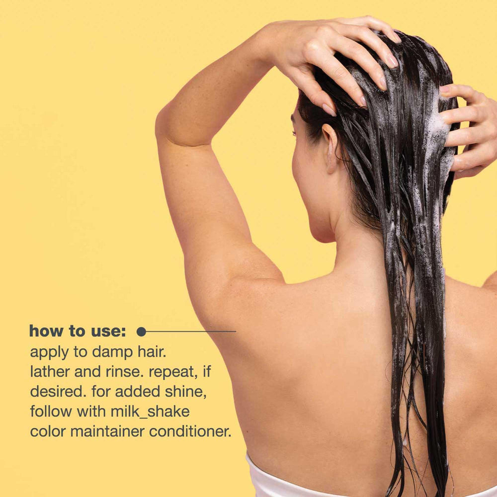Milk Shake Color Maintainer Shampoo packaging emphasizes sustainability and brand values.