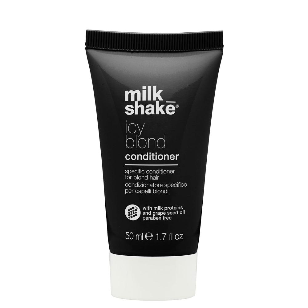 Milk Shake icy blond acondicionador, botella derramando, ayuda a neutralizar amarillos en rubios platinados.