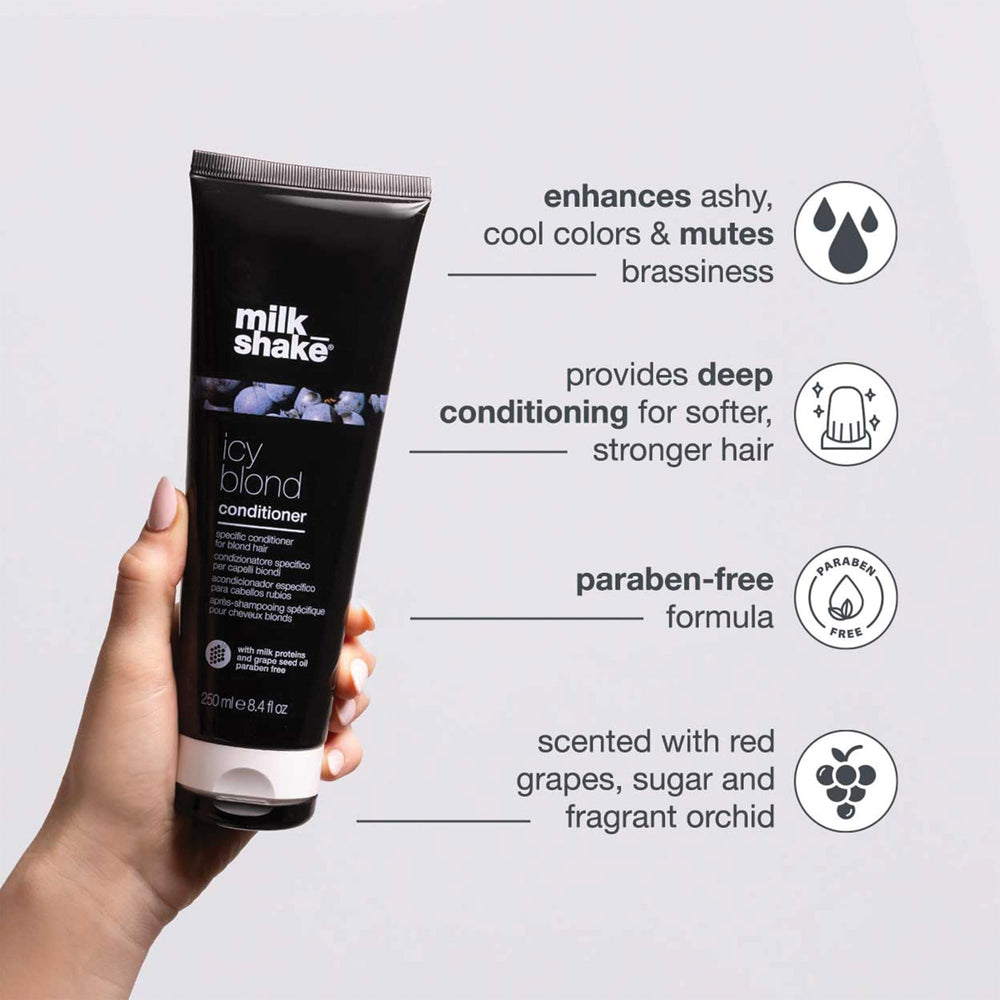 Milk Shake icy blond acondicionador para cabellos platino y rubios claros con tonos fríos.