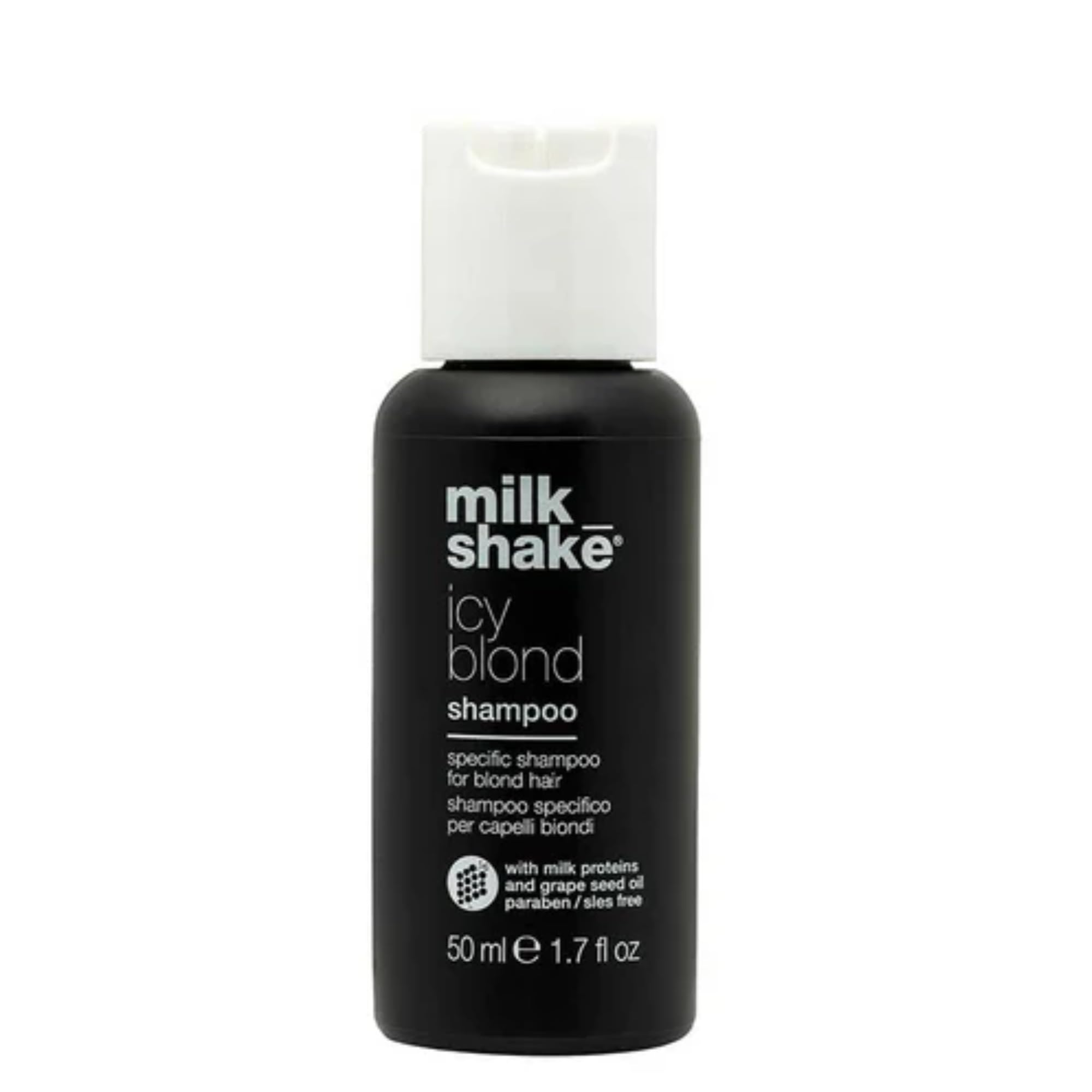 Milk Shake Icy Blond Shampoo botella: envase destaca pigmentos para enfriar tonos cálidos.