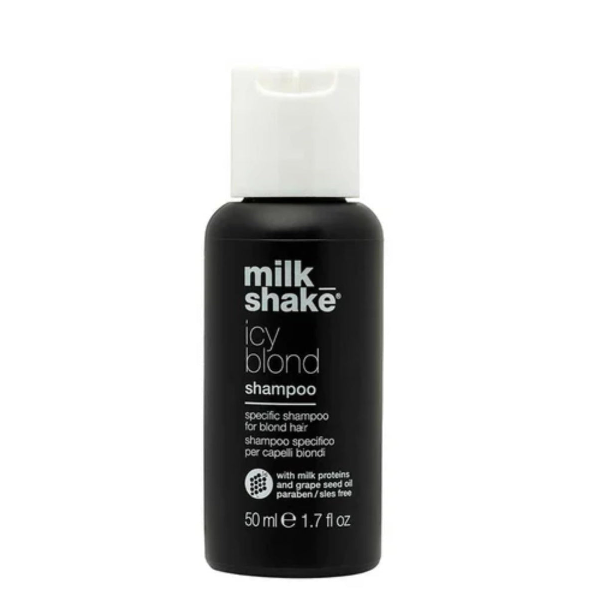 Milk Shake Icy Blond Shampoo botella: envase destaca pigmentos para enfriar tonos cálidos.